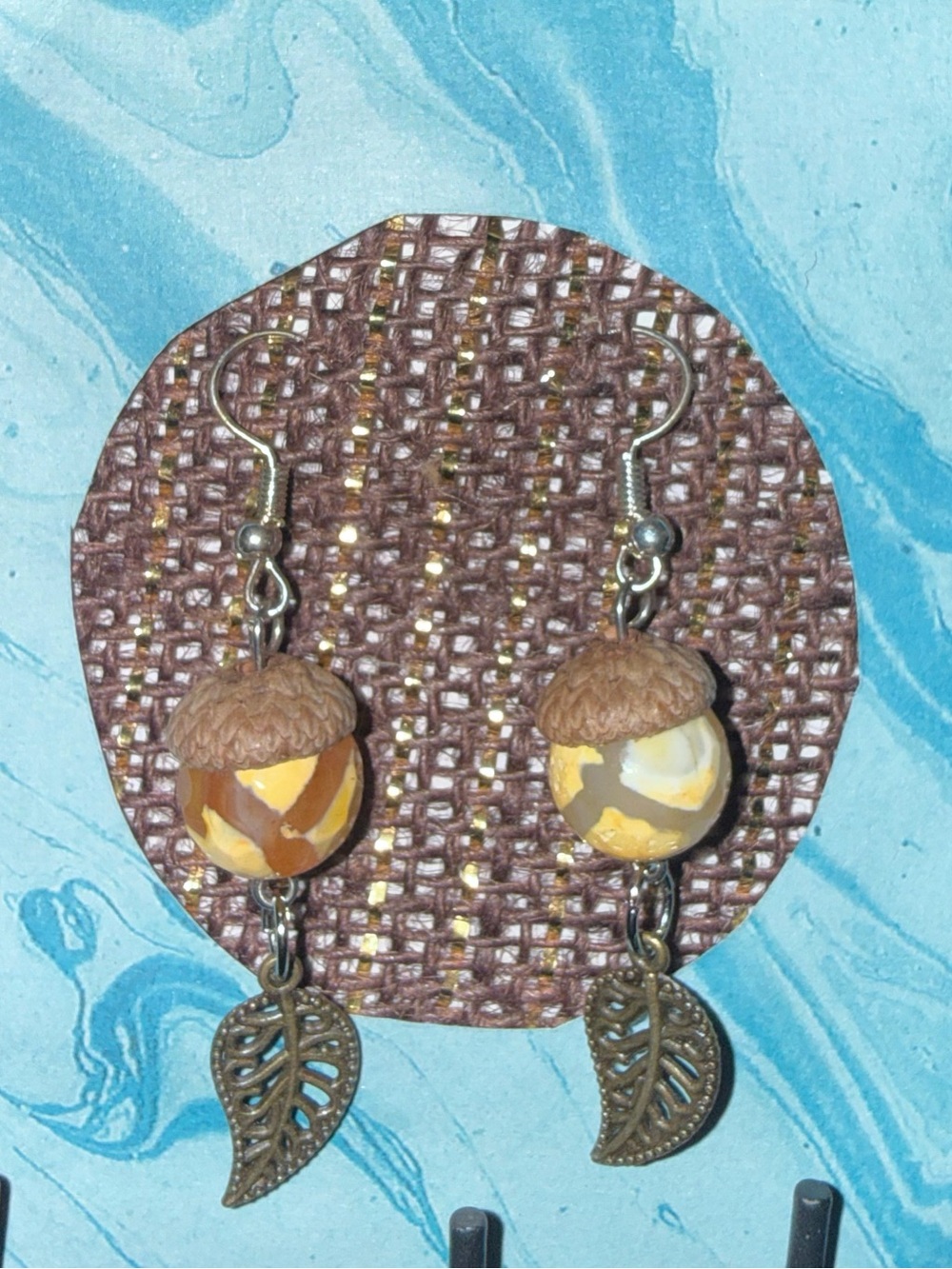 Handmade Brown and Cream Acorn Drop Earrings with Leaf Charm